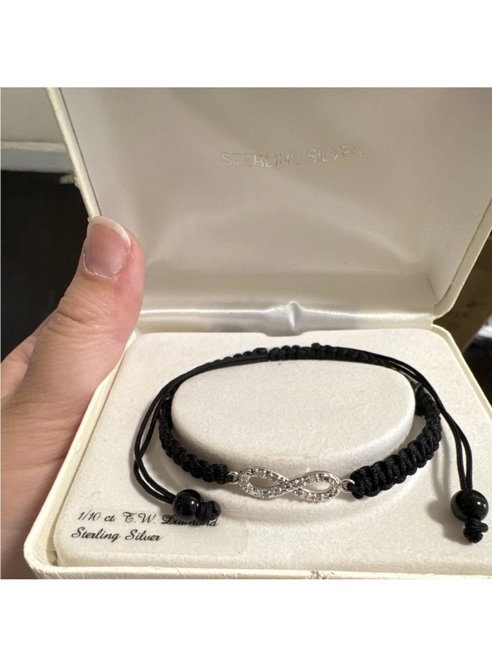 925 Sterling Silver 1/10ct Diamond Infinity Charm Black Braided Cord Bracelet